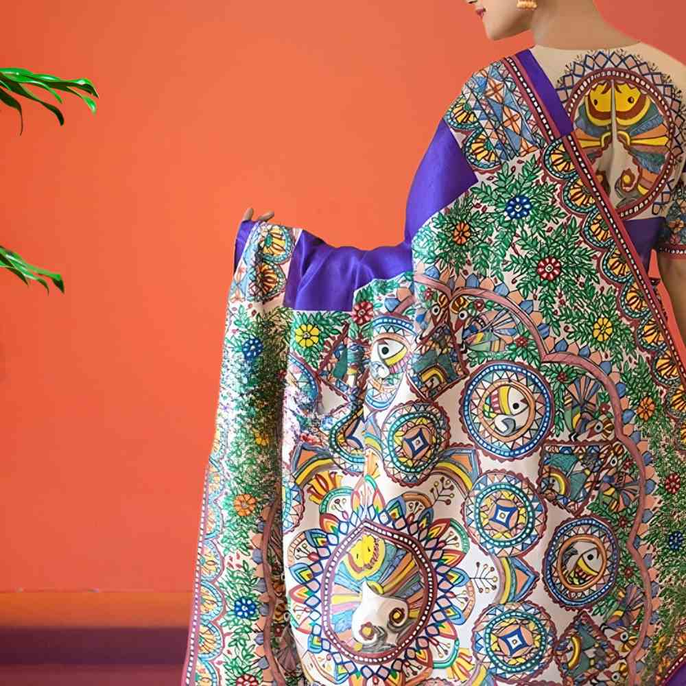 Tussar Saree with Madhubani Bride, Doli, and Kaahar Painting